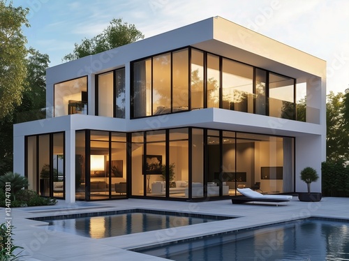 Modern Villa With Pool at Sunset in a Serene Mountainous Location