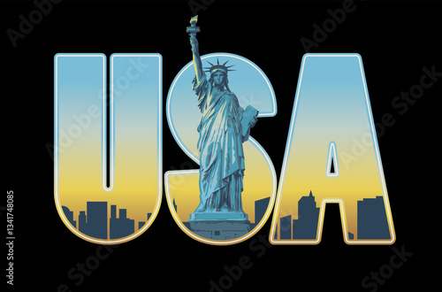Vector banner with letters USA with Statue of Liberty silhouettes of skyscrapers inside letters on dark background. Suitable for t-shirt design