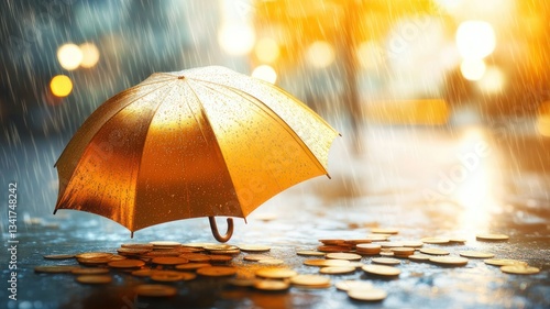 Wallpaper Mural Bright Yellow Umbrella Surrounded by Coins in Rainy Street Scene Torontodigital.ca