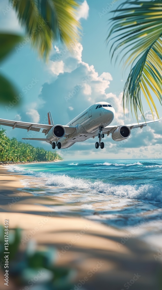 airplane on laptop keyboard symbolizing online travel booking, digital tourism, and global connectivity with a tropical beach background and palm leaves