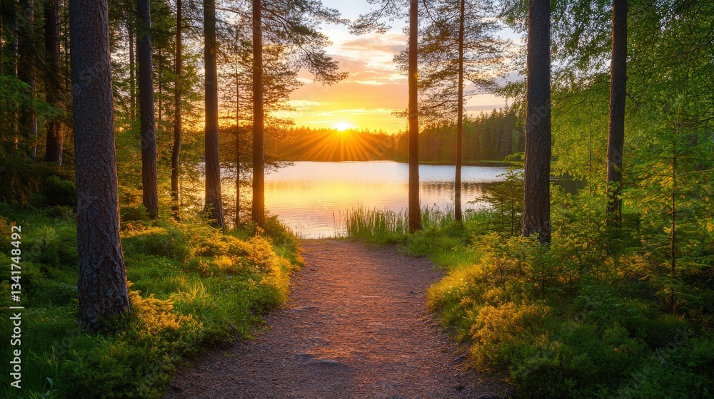 Fototapeta premium A serene path through a lush forest leading to a tranquil lake at sunset, surrounded by trees and vibrant greenery.