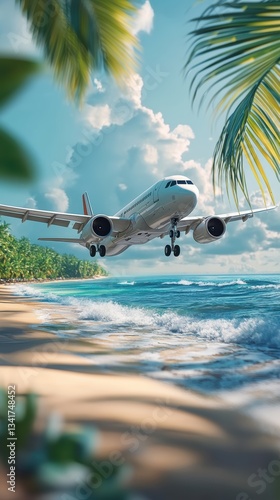 Obraz na płótnie airplane on laptop keyboard symbolizing online travel booking, digital tourism, and global connectivity with a tropical beach background and palm leaves w salonie