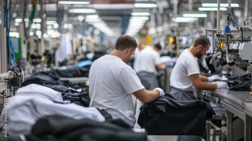 Workers assembling garments in a busy textile factory