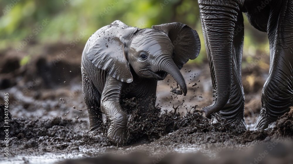 Fototapeta premium Muddy adventure: A young elephant's playful splash in the mud with parent nearby