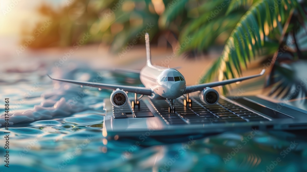 airplane on laptop keyboard symbolizing online travel booking, digital tourism, and global connectivity with a tropical beach background and palm leaves