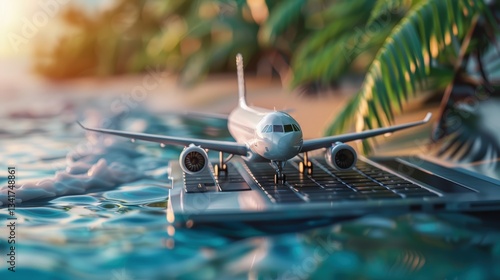 Obraz na płótnie airplane on laptop keyboard symbolizing online travel booking, digital tourism, and global connectivity with a tropical beach background and palm leaves w salonie