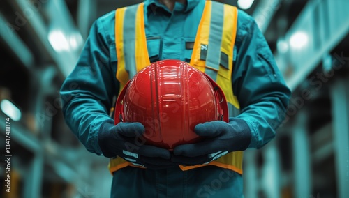 Construction Worker Holds Red Safety Helmet in Warehouse Environment With Yel...