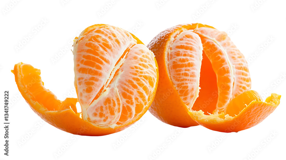 Two peeled oranges are displayed against a black background Two peeled oranges are displayed against a black background