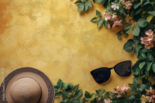 Summer Relaxation Setup With Hat and Sunglasses Surrounded by Foliage on Brig...