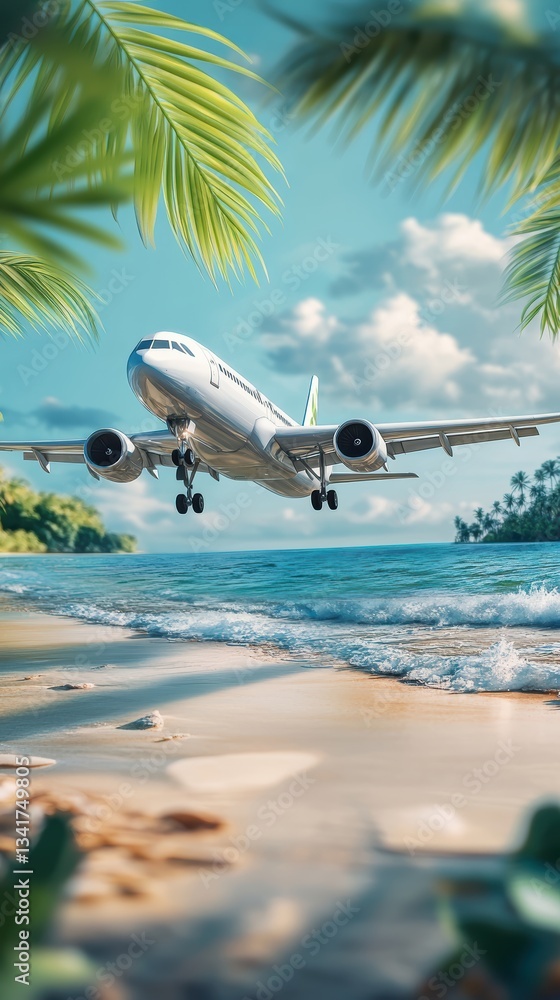 airplane on laptop keyboard symbolizing online travel booking, digital tourism, and global connectivity with a tropical beach background and palm leaves