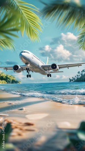 Obraz na płótnie airplane on laptop keyboard symbolizing online travel booking, digital tourism, and global connectivity with a tropical beach background and palm leaves w salonie