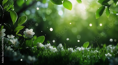 Vibrant Flowers Bloom on Lush Green Grass in a Serene Sunlight-Filled Environ...