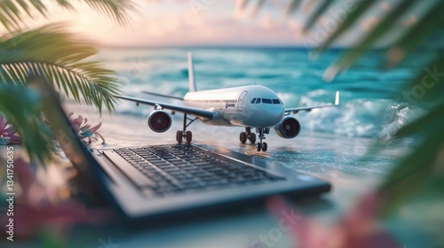 Obraz na płótnie airplane on laptop keyboard symbolizing online travel booking, digital tourism, and global connectivity with a tropical beach background and palm leaves w salonie