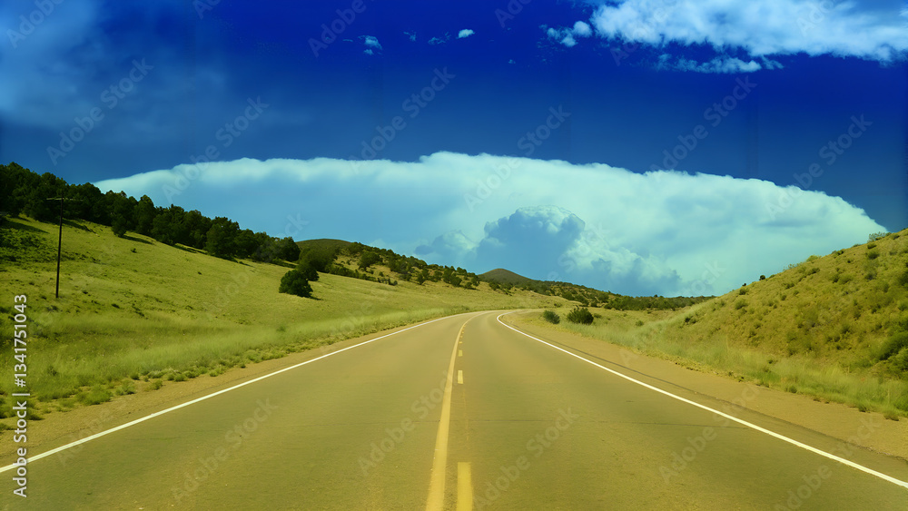 Fototapeta premium Endless road stretching through green hills under a dramatic blue sky