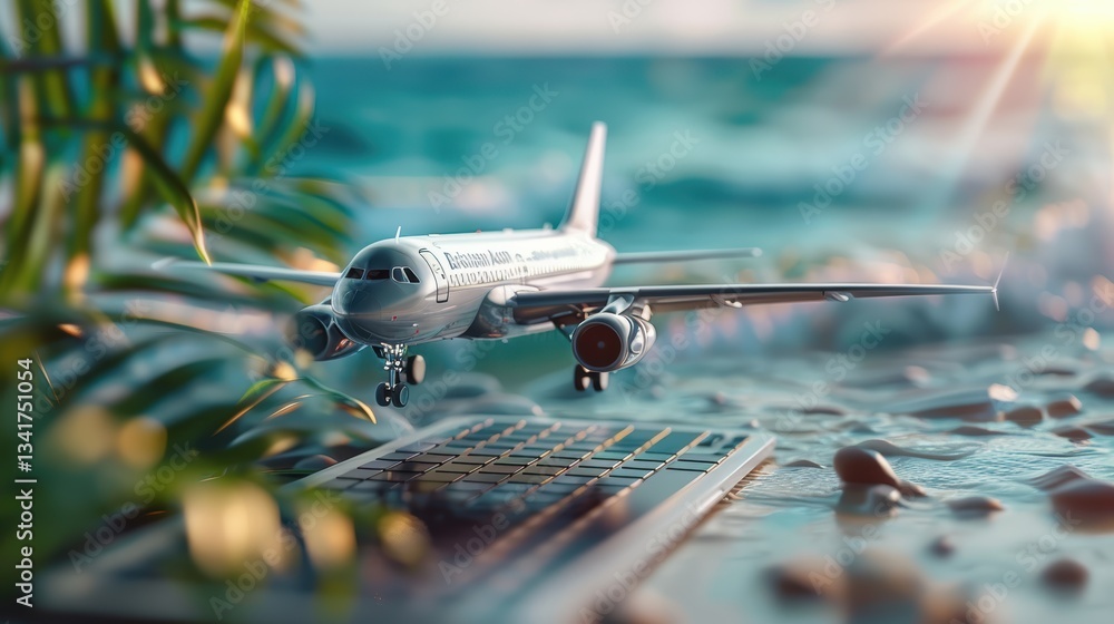 airplane on laptop keyboard symbolizing online travel booking, digital tourism, and global connectivity with a tropical beach background and palm leaves