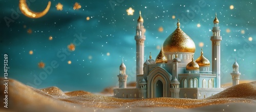 Beautiful Mosque With Crescent Moon at Night in a Starry Sky