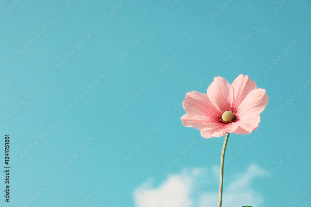 Delicate pink flower against an expansive sky blue backdrop