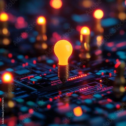 Bright light bulb on a circuit board in a close-up view displaying innovative electrical design