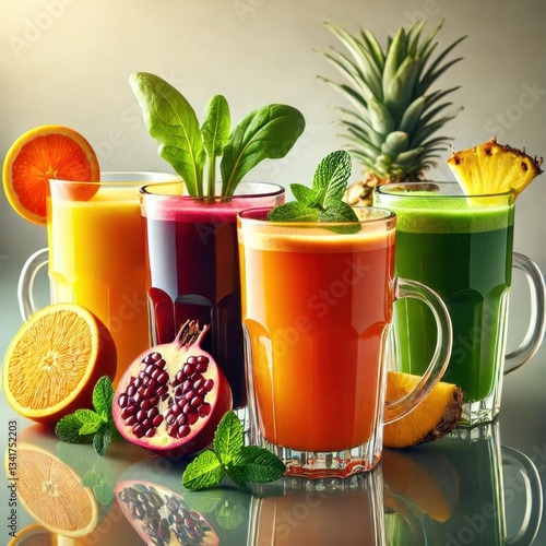 Four large transparent glass tumblers filled with different fresh fruit juices in vibrant, rich colors