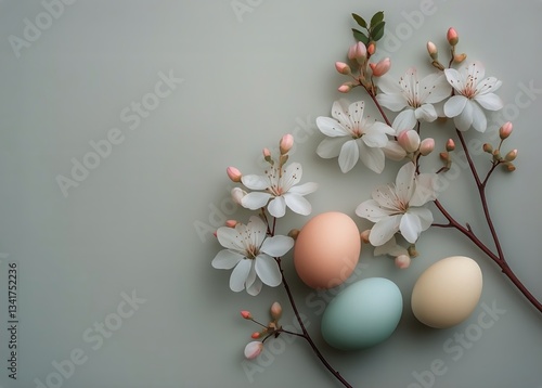 Fresh Eggs Surrounded by Delicate Flowers on a Soft Background in Natural Light