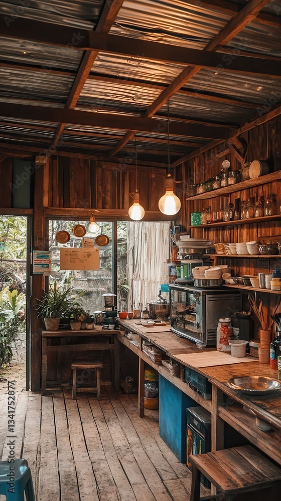 Fototapeta premium Charming Isaan countryside food shop, handcrafted wooden details, rustic tin roof, glowing filament bulbs, decorated with traditional Thai kitchen tools, serving authentic flavors