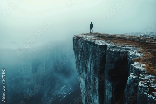 Majestic View From Cliff Edge at Sunset With Hiker Gazing Over Vast Landscape...