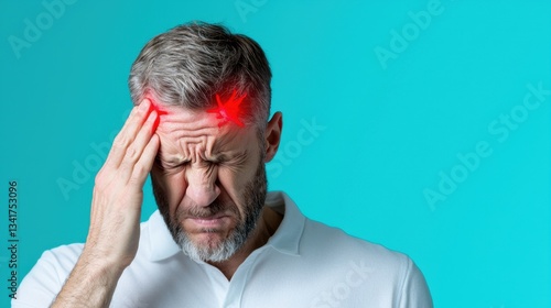 Wallpaper Mural Close-up of a man in a white shirt wincing in pain, gripping his head, isolated on a blue background. Torontodigital.ca