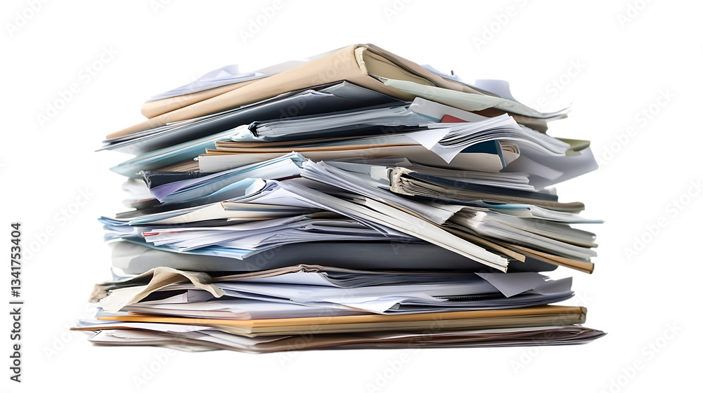 An untidy pile of documents and folders sits stacked high An untidy pile of documents and folders sits stacked high