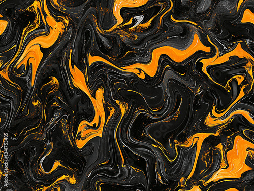 Abstract swirling pattern of black and orange colors creating a dynamic visual effect