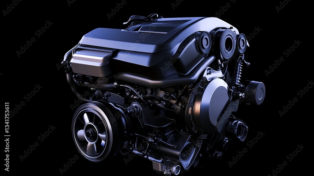 High-performance automotive engine displayed against a black backdrop, showcasing intricate design High-performance automotive engine displayed against a black backdrop, showcasing intricate design