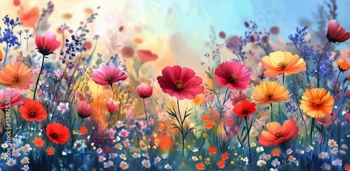 Colorful Wildflowers Blooming in a Vibrant Meadow During Sunset