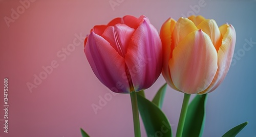 Colorful Tulips Bloom in a Vase Against a Softly Lit Background During Spring...