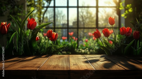 Bright Tulip Display on a Sunny Day With Lush Greenery Outside the Window