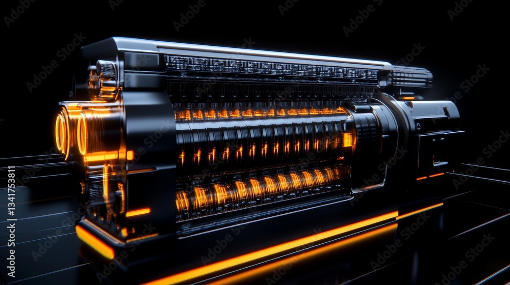 Futuristic engine design with glowing elements, set against a sleek black backdrop, showcasing technology Futuristic engine design with glowing elements, set against a sleek black backdrop, showcasing technology