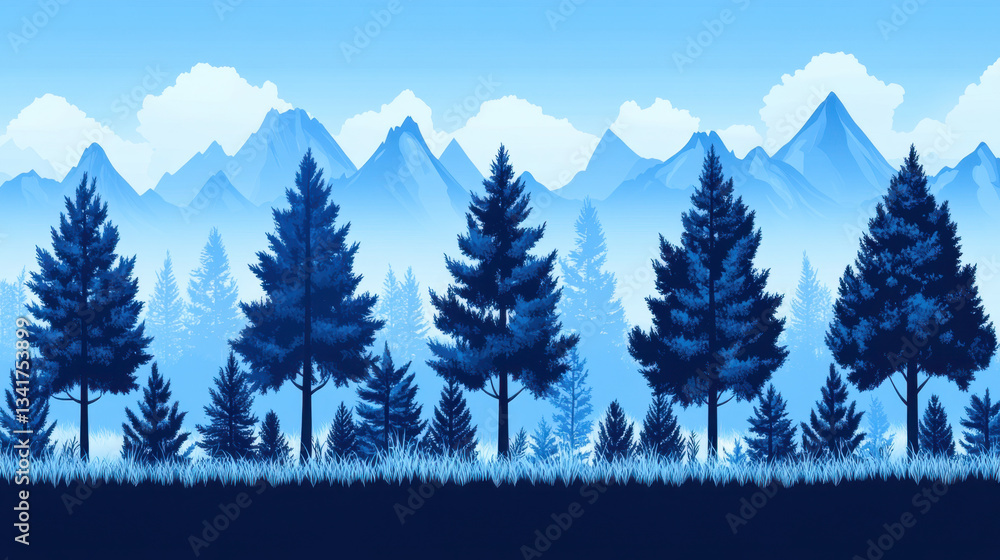 Fototapeta premium Blue Mountains Landscape, Seamless Winter Forest Background