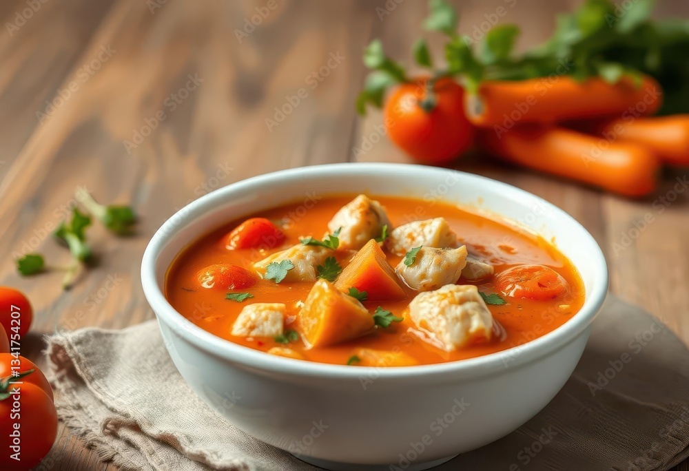 Creamy tomato soup with tender chicken and carrots, in a white bowl, white background, comfort food Creamy tomato soup with tender chicken and carrots, in a white bowl, white background, comfort food