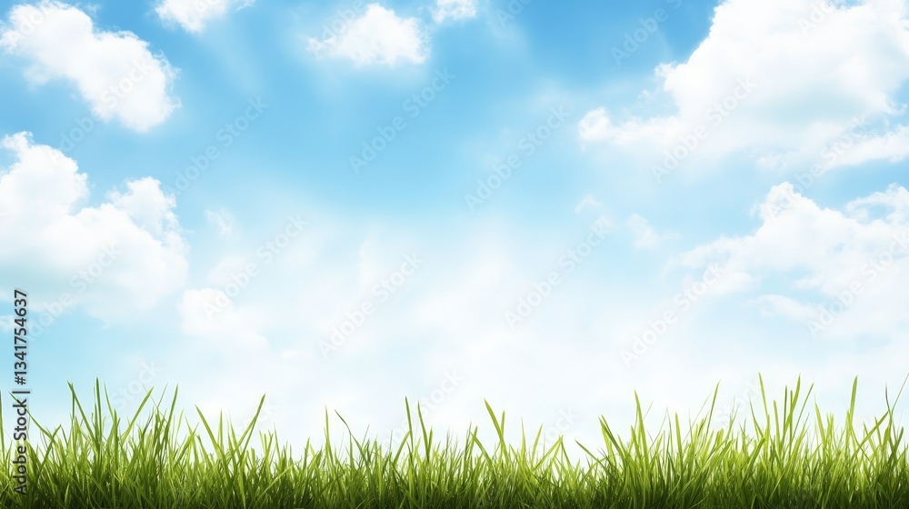 Lush green grass against a bright blue sky with fluffy clouds, ideal for nature themes Lush green grass against a bright blue sky with fluffy clouds, ideal for nature themes