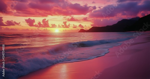 Majestic Sunset Over a Serene Beach With Gentle Waves and Vibrant Clouds