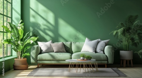 Modern Living Room With Green Wall and Natural Light in Cozy Urban Apartment