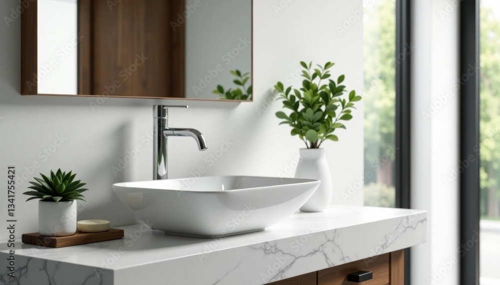 Sleek white vessel sink, light grey quartz countertop Modern bathroom design , upgrade, renovation Sleek white vessel sink, light grey quartz countertop Modern bathroom design , upgrade, renovation
