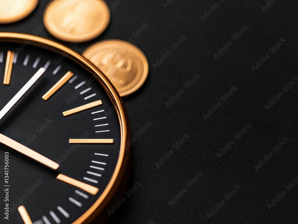 Close-up of a clock and coins representing time management and financial planning. Close-up of a clock and coins representing time management and financial planning.