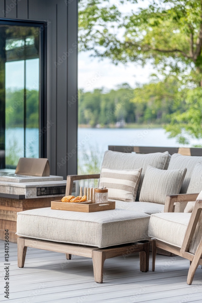 Fototapeta premium Lakeside patio furniture, relaxation, summer, overlooking lake