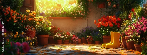 Bright Yellow Boots in a Vibrant Garden Filled With Colorful Blooming Flowers...