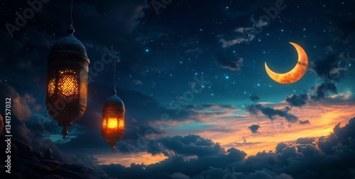 Evening Sky With Lanterns and Crescent Moon Shining Brightly Over Clouds