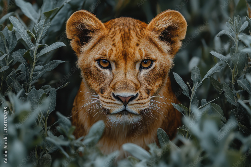 Obraz premium A lion cub is standing in a thicket of green leaves