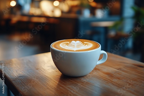 Warm Cup of Latte Art Sits on Wooden Table in Cozy Coffee Shop During Afterno...