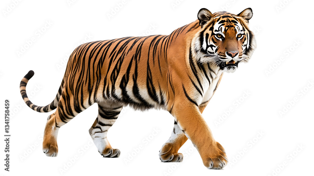 Obraz premium Bengal tiger with black stripes walking forward assertively