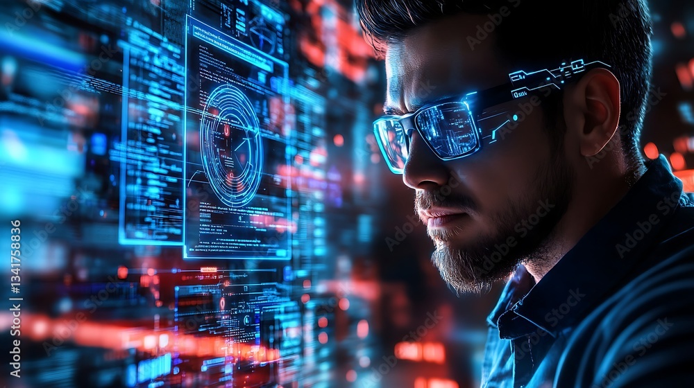 A businessman interacting with a holographic AI-powered risk mitigation strategy, preventing data breaches and cyber fraud. A businessman interacting with a holographic AI-powered risk mitigation strategy, preventing data breaches and cyber fraud.