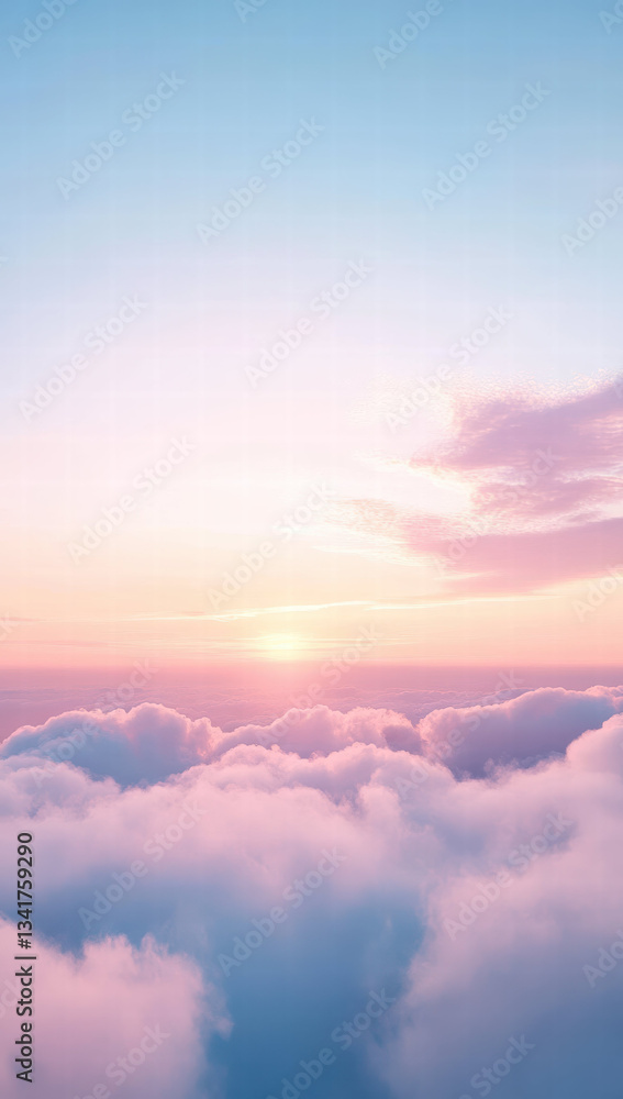 Obraz premium serene landscape featuring soft clouds in gentle pastel shades of blue and pale pink, illuminated by warm sunrise. tranquil atmosphere evokes sense of peace and calm