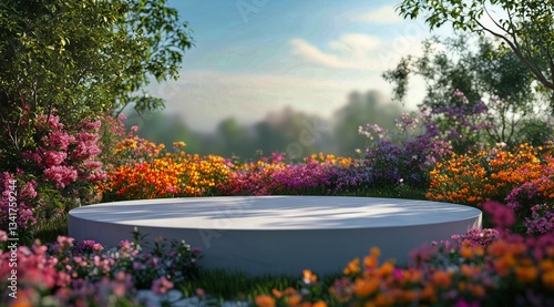 Beautiful Outdoor Garden With Vibrant Flowers and Sunlight Illuminating a Cir...